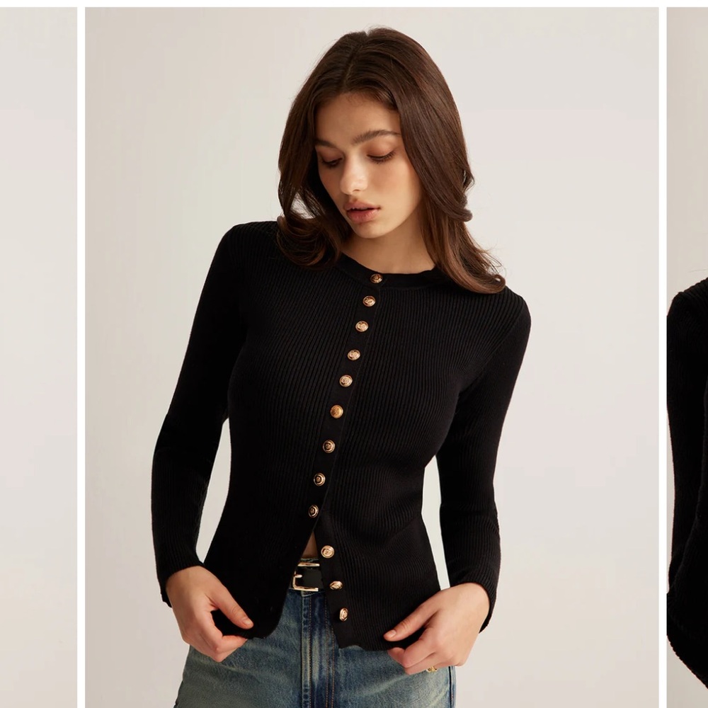 NWT COMMENSE Button Down Skinny Knit Top SMALL & MEDIUM BLACK